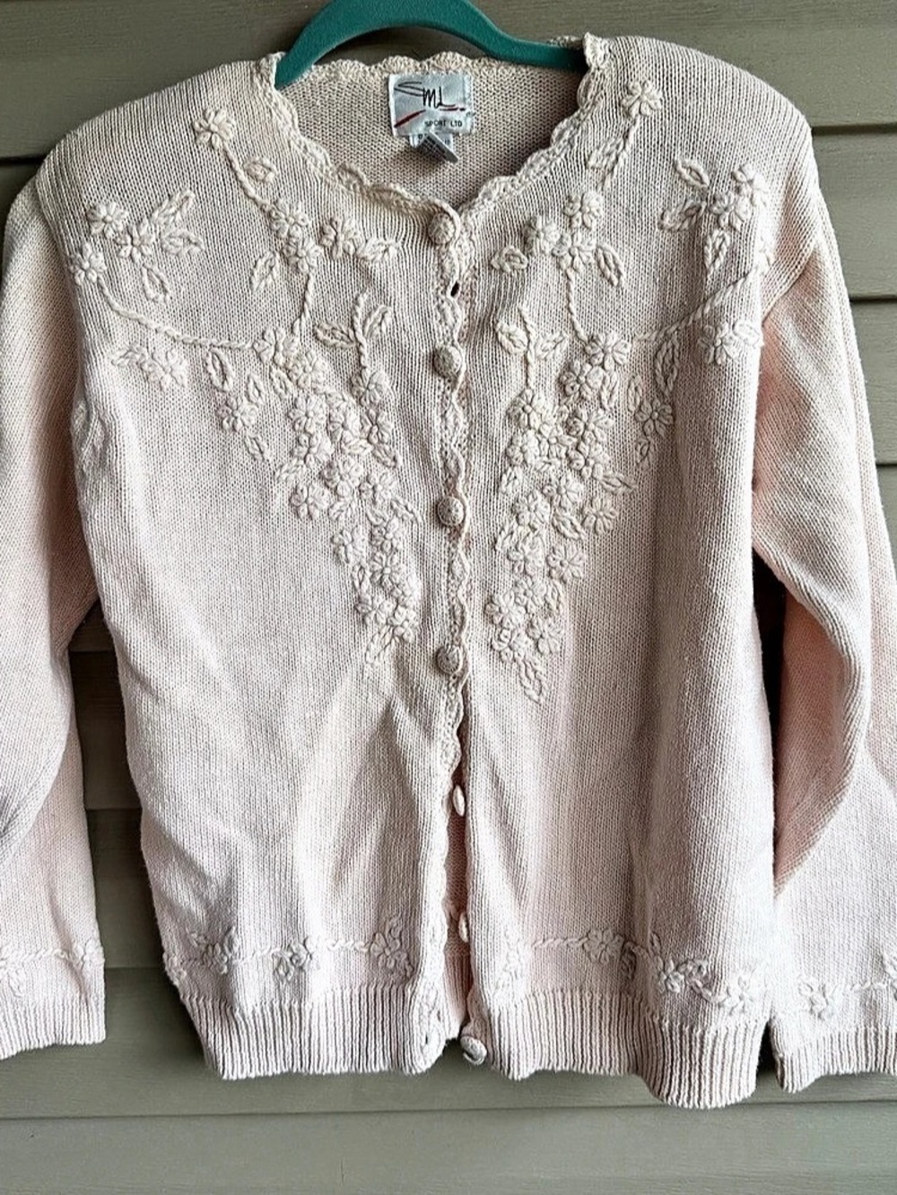 Vintage 1991 SML Sport Floral Embroidered Knit Cardigan Light Pink Grandmacore S